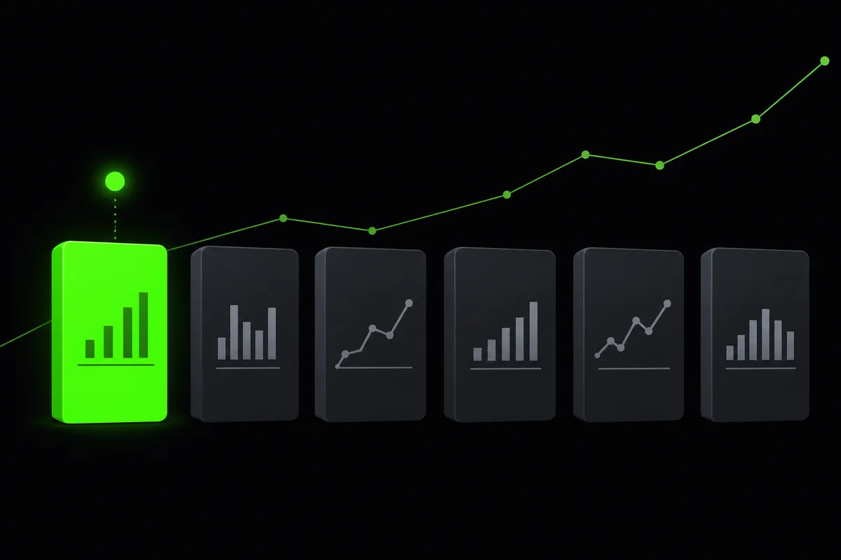 Illustration of six analytics tools lined up as cards, with one highlighted in green and a rising traffic line behind them