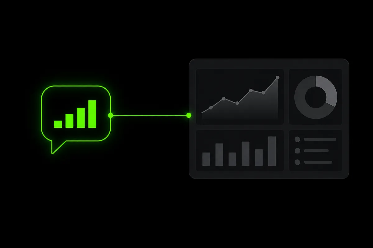 Illustration of a glowing green chat bubble containing a bar chart, connected by a line to a gray analytics dashboard