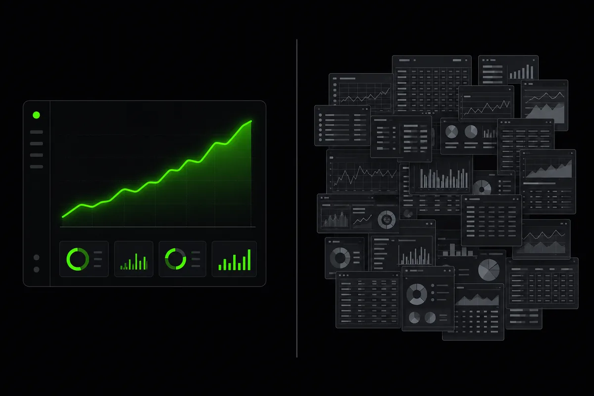 Illustration contrasting one clean analytics dashboard with a green chart against a cluttered wall of overlapping gray report panels
