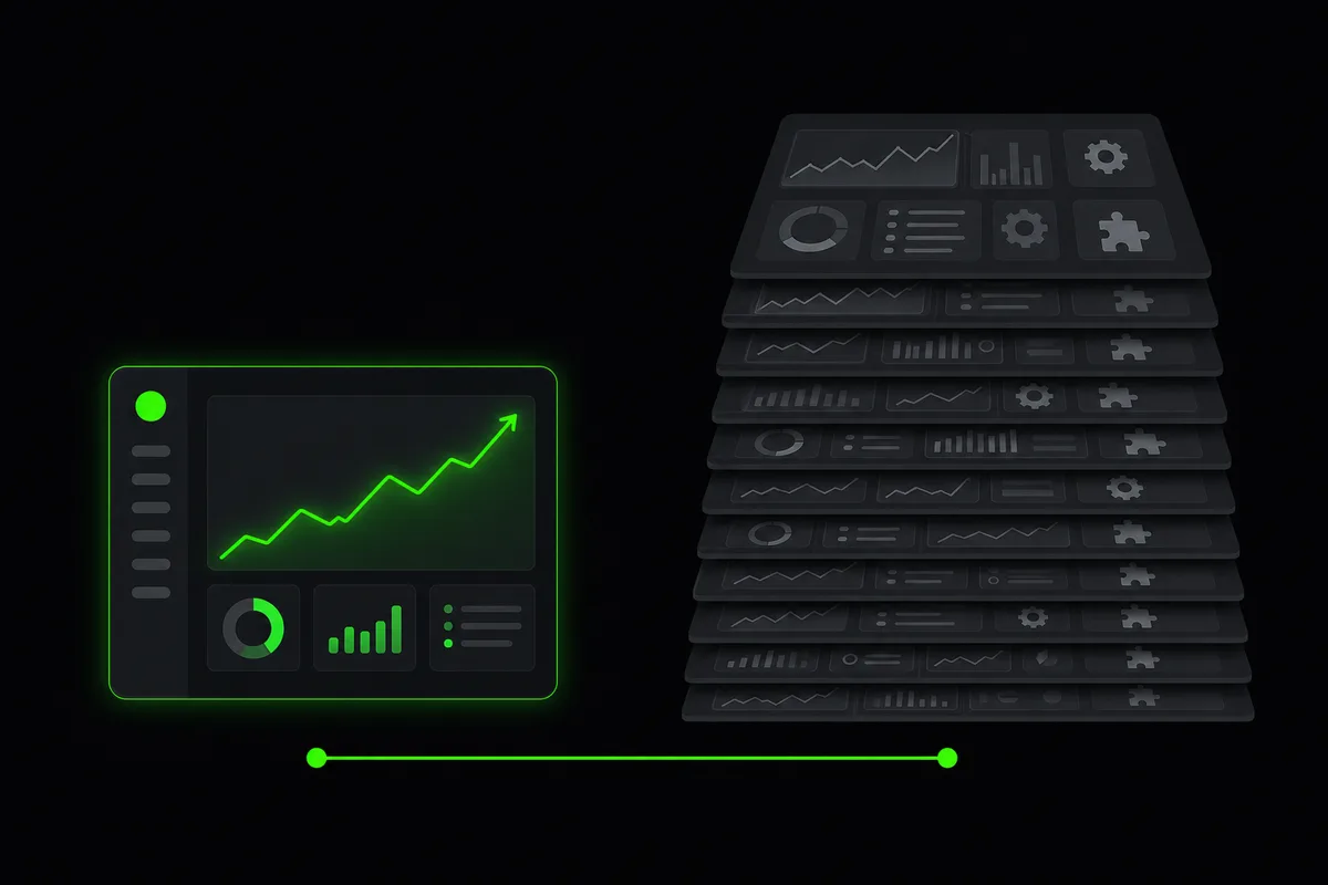 Illustration of a single clean dashboard with a green chart beside a tall stack of gray dashboard panels with gears and plugin icons