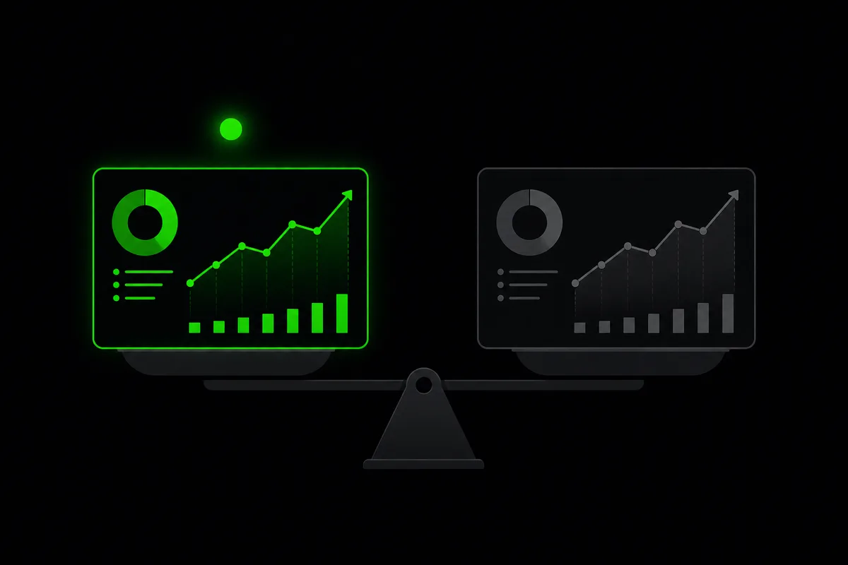 Illustration of two nearly identical analytics dashboards on a balance scale, one glowing green and one gray