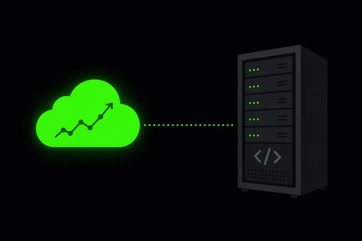 Illustration of a glowing green cloud containing a rising chart connected by a dotted line to a gray self-hosted server rack